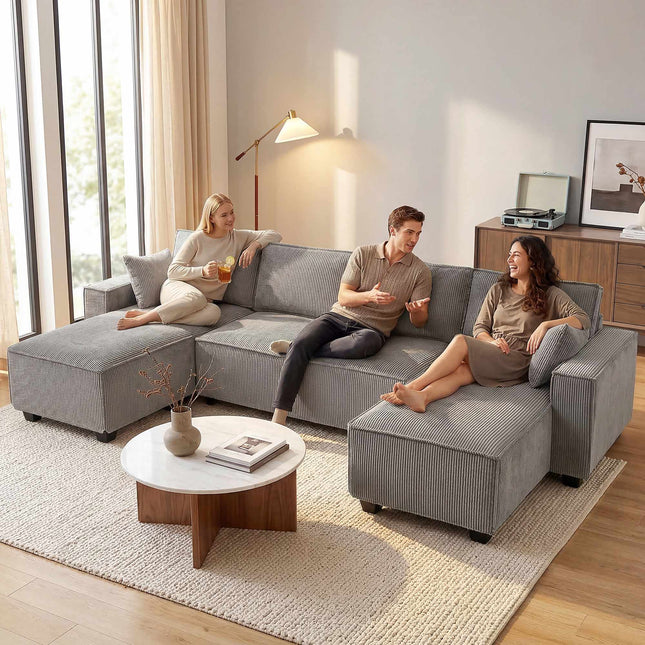 U-vormige corduroy hoekbank met dubbele chaise longue, lichtgrijs
