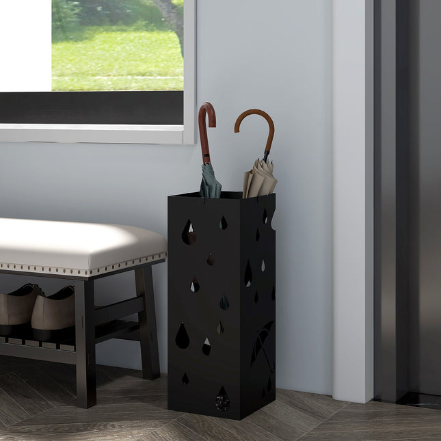 Schirmständer aus schwarzem Stahl mit Haken und Tropfschale