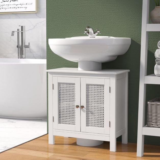 Under Sink Bathroom Cabinet, Rattan Doors, White, 60x30x60 cm