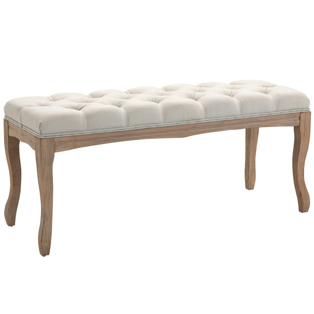 Beige upholstered rubber wood bench - vintage style, 110x40x48Cm