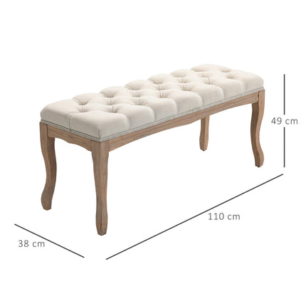 Béžová čalouněná lavice z kaučukovníkového dřeva – vintage styl, 110x40x48Cm