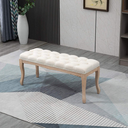 Béžová čalouněná lavice z kaučukovníkového dřeva – vintage styl, 110x40x48Cm