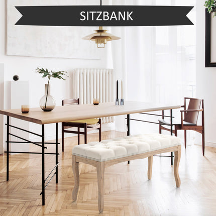 Béžová čalouněná lavice z kaučukovníkového dřeva – vintage styl, 110x40x48Cm