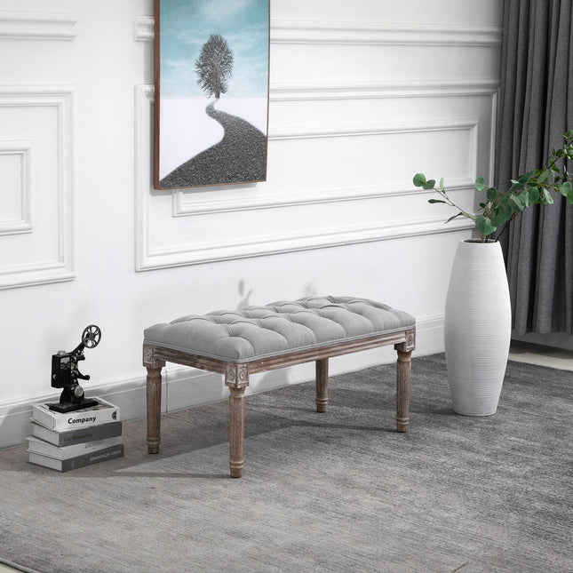 Šedá čalouněná lavice - vintage styl s knoflíkovým detailem