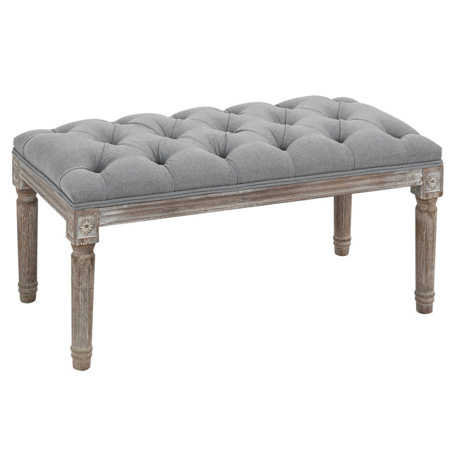 Šedá čalouněná lavice - vintage styl s knoflíkovým detailem