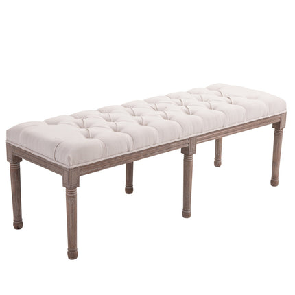 Vintage béžová čalouněná lavice, len a dřevo, 142cm