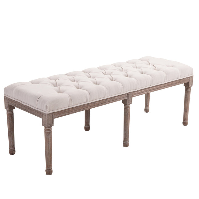 Vintage béžová čalouněná lavice, len a dřevo, 142cm