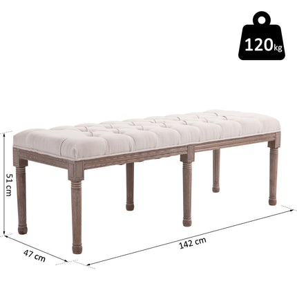 Vintage béžová čalouněná lavice, len a dřevo, 142cm