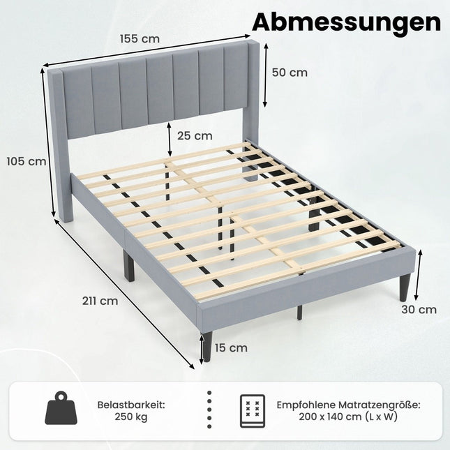 Upholstered Platform Bed Frame, 200x140 cm, Grey Velvet