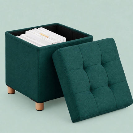 Upholstered Storage Cube Stool with Padded Seat, Dark Green, 38 cm