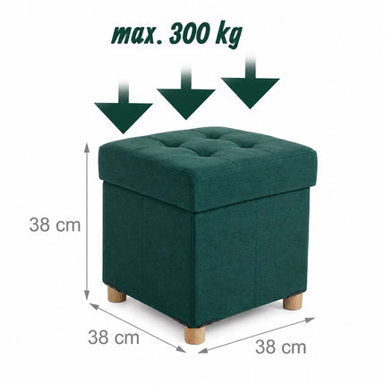 Upholstered Storage Cube Stool with Padded Seat, Dark Green, 38 cm