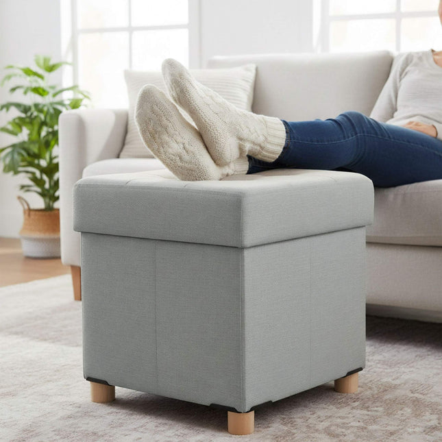 Upholstered Storage Cube with Padded Seat and Wooden Legs