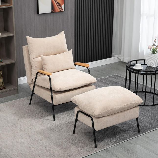 Gestoffeerde fauteuil met voetenbank, relaxfauteuil met relaxfunctie, gestoffeerde stoel, kussen, tv-fauteuil, 68 x 91,5 x 88 cm, beige