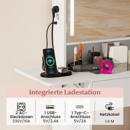 Sada toaletního stolku s LED zrcadlem, taburetem, el. zásuvkami