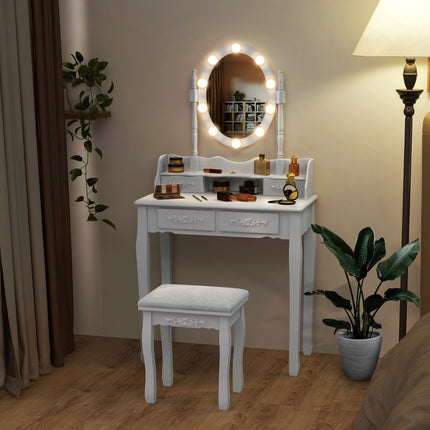 Kaptafel met LED-spiegel, 4 lades en krukje, wit
