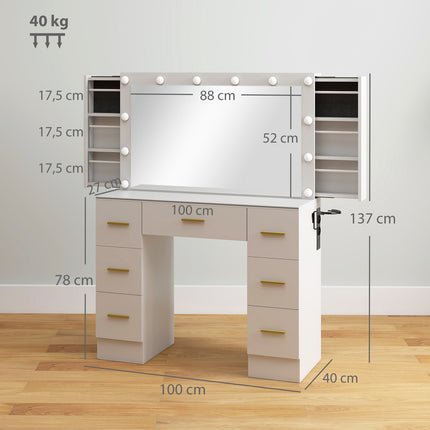 Toaletní stolek se zrcadlem, 12 LED světel, 7 zásuvek, bílá