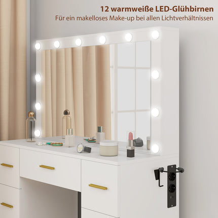 Toaletní stolek se zrcadlem, 12 LED světel, 7 zásuvek, bílá