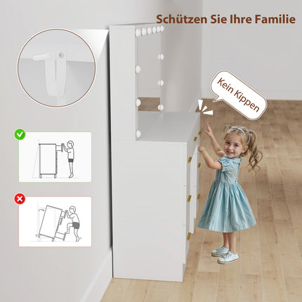 Toaletní stolek se zrcadlem, 12 LED světel, 7 zásuvek, bílá