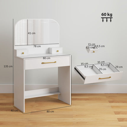 Toaletní stolek se zrcadlem, 3 zásuvky, bílá, kompaktní design