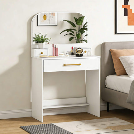 Toaletní stolek se zrcadlem, 3 zásuvky, bílá, kompaktní design