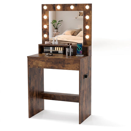 Vanity Table with Mirror, LED Lights, Rustic Brown