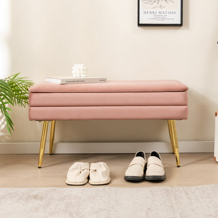 Sametová úložná lavice s kovovými nohami, růžová 78 cm