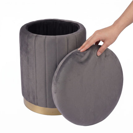 Velvet Storage Stool with Gold Base, Dark Gray, 42x32 cm