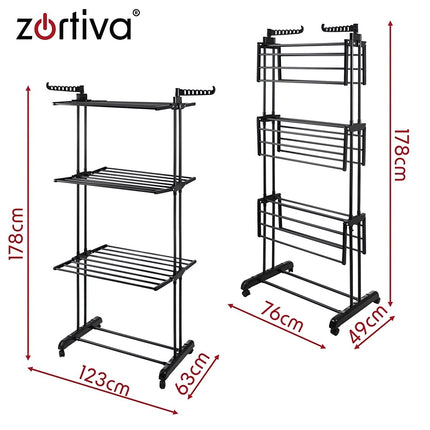 Vertical Clothes Dryer 178 cm with 3 Levels and Wheels, Foldable, Iron Frame