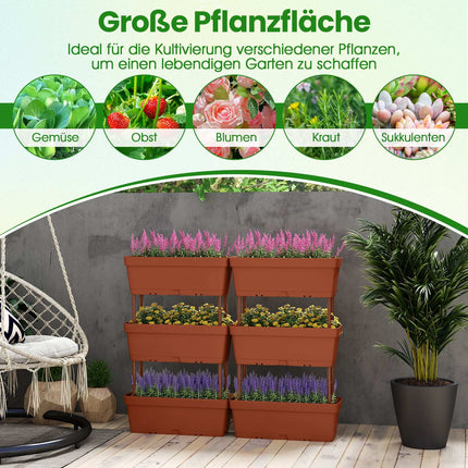 Sada vertikálních truhlíků s drenáží, 6 kusů, hnědá