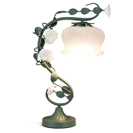 Vintage Bedside Lamp with Lily Glass Shade & Ceramic Roses