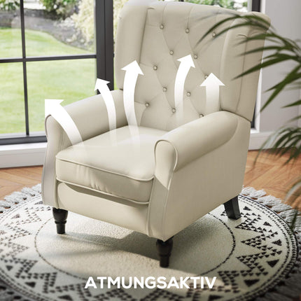 Vintage Cream Wingback Armchair, Tufted, 74 x 86 x 102 cm