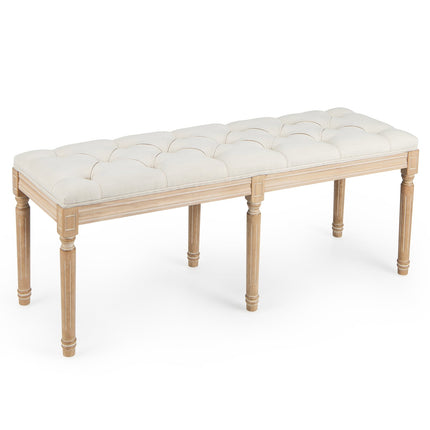 Vintage čalouněná lavice, 120cm, nohy z kaučukového dřeva, béžová