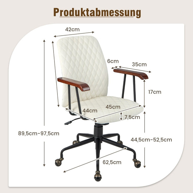 Vintage upholstered office chair with rubber wood armrests and 5 claw metal base height adjustable wheelchair in velvet beige
