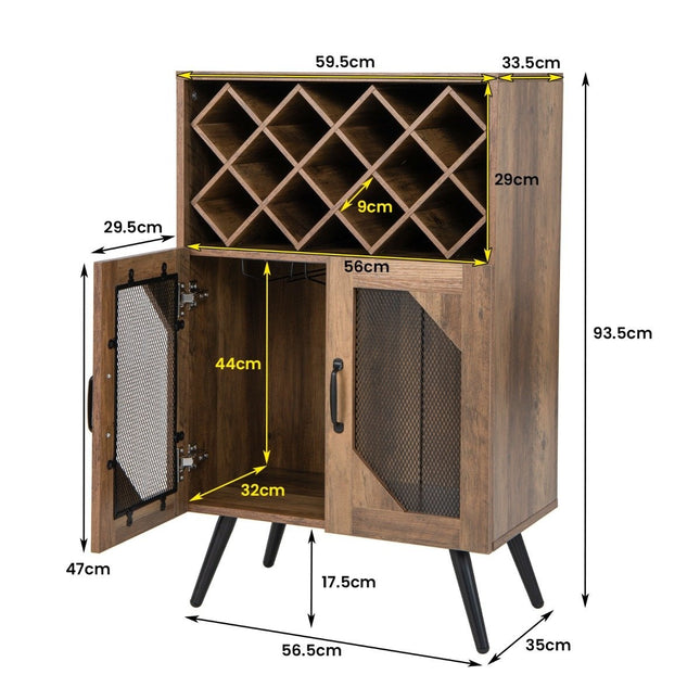 Vintage wine cabinet with removable wine rack, bar cabinet for 11 wine bottles and 9 wine glasses, brown