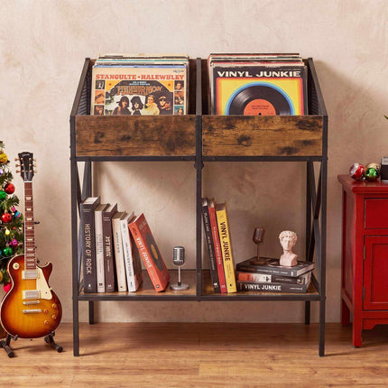 Vinyl Record Storage Rack Holds Up to 250 Albums, Rustic Brown, Anti-Tip Kits