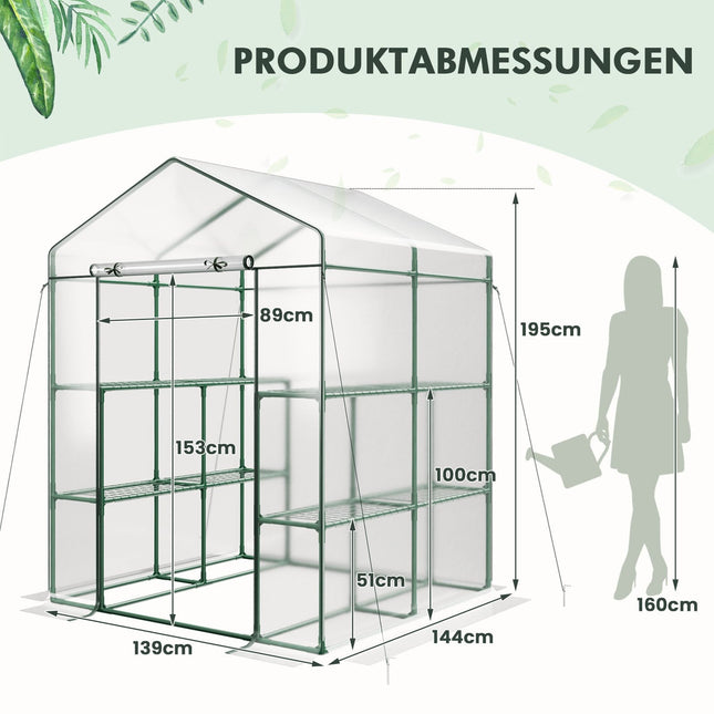 Průchozí skleník s 8 policemi, PVC kryt, 139x144x195 cm