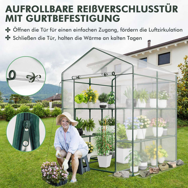 Průchozí skleník s 8 policemi, PVC kryt, 139x144x195 cm