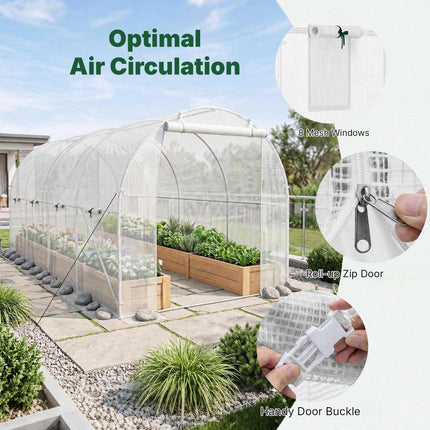 Walk-In Tunnel Greenhouse 15 x 7 x 7 ft with 8 Mesh Windows, White, PE Cover