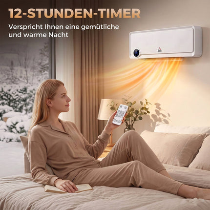 Wall Fan Heater 2000 W with Remote Control and LED Display, White, 12-Hour Timer
