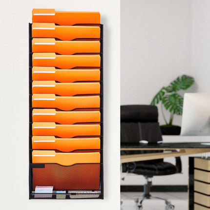 Wall File Organizer, 12-Pocket Metal Mesh, Label Holders
