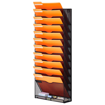 Wall File Organizer, 12-Pocket Metal Mesh, Label Holders