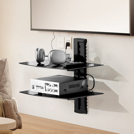 Wall-Mounted 2-Tier Glass Shelf, 18 lb Capacity, Black