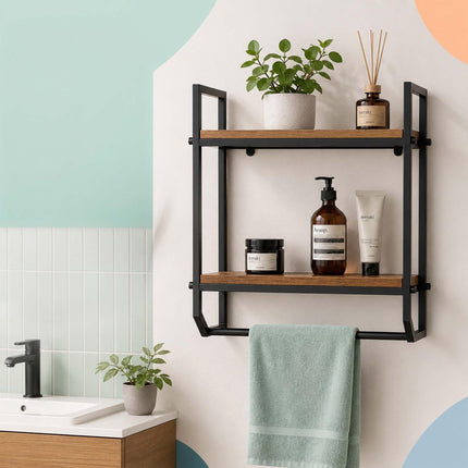 Wall-Mounted 2-Tier Shelf with Towel Rail – Brown