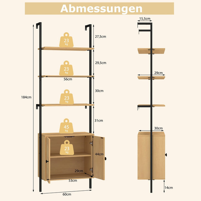 Wandmontiertes 3-stöckiges Bücherregal mit Rattanschrank, 184 cm