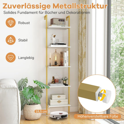 Wall-Mounted 5-Tier Ladder Bookshelf with Metal Frame