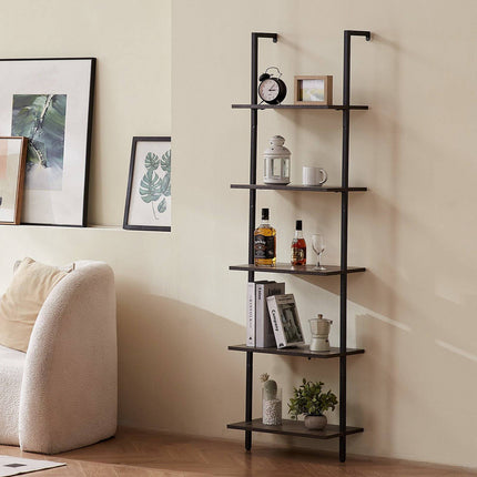 Wall-Mounted 5-Tier Ladder Shelf, Metal Frame, Black