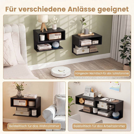 Wall-Mounted Black Bedside Table with Storage Shelves