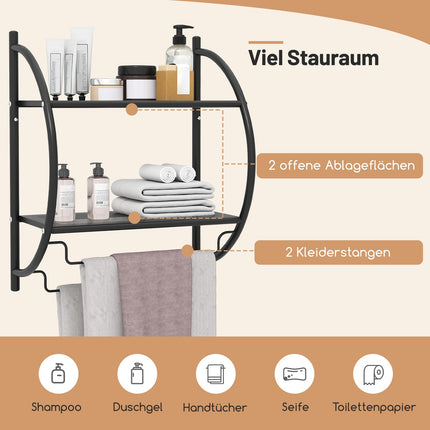 Wall-Mounted Black Metal Towel Rack with Shelf, 45x25.5x55 cm