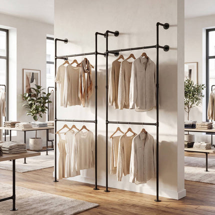 Wall Mounted Black Pipe Clothing Rack with 2 Rods
