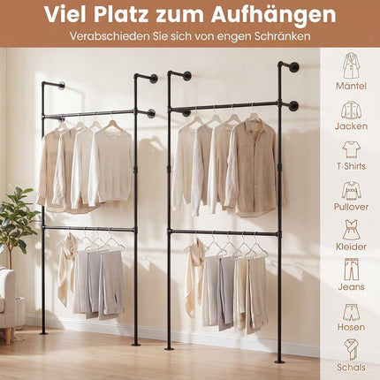 Wall Mounted Black Pipe Clothing Rack with 2 Rods
